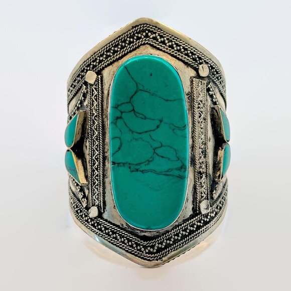 Vintage Bracelet Afghan Middle Eastern Silver Cuff Green Jasper Big Wide Ethnic - Picture 4 of 5